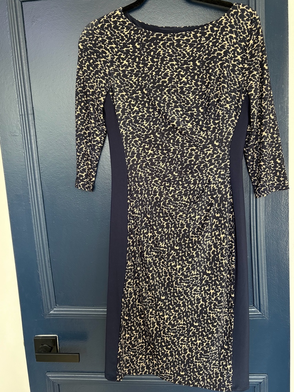 Ralph Lauren Navy and Cream Leopard Printed 3/4 -Sleeve Sheath Midi Dress